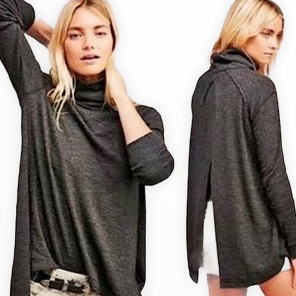 Free People Charcoal Grey Turtleneck Sweater Top Split Back XS